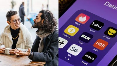 Two gay men on a coffee date and a smart phone with dating apps