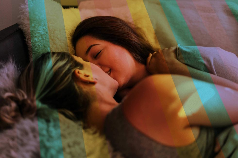 Two lesbians kissing in bed with the pride flag colors over the top of them