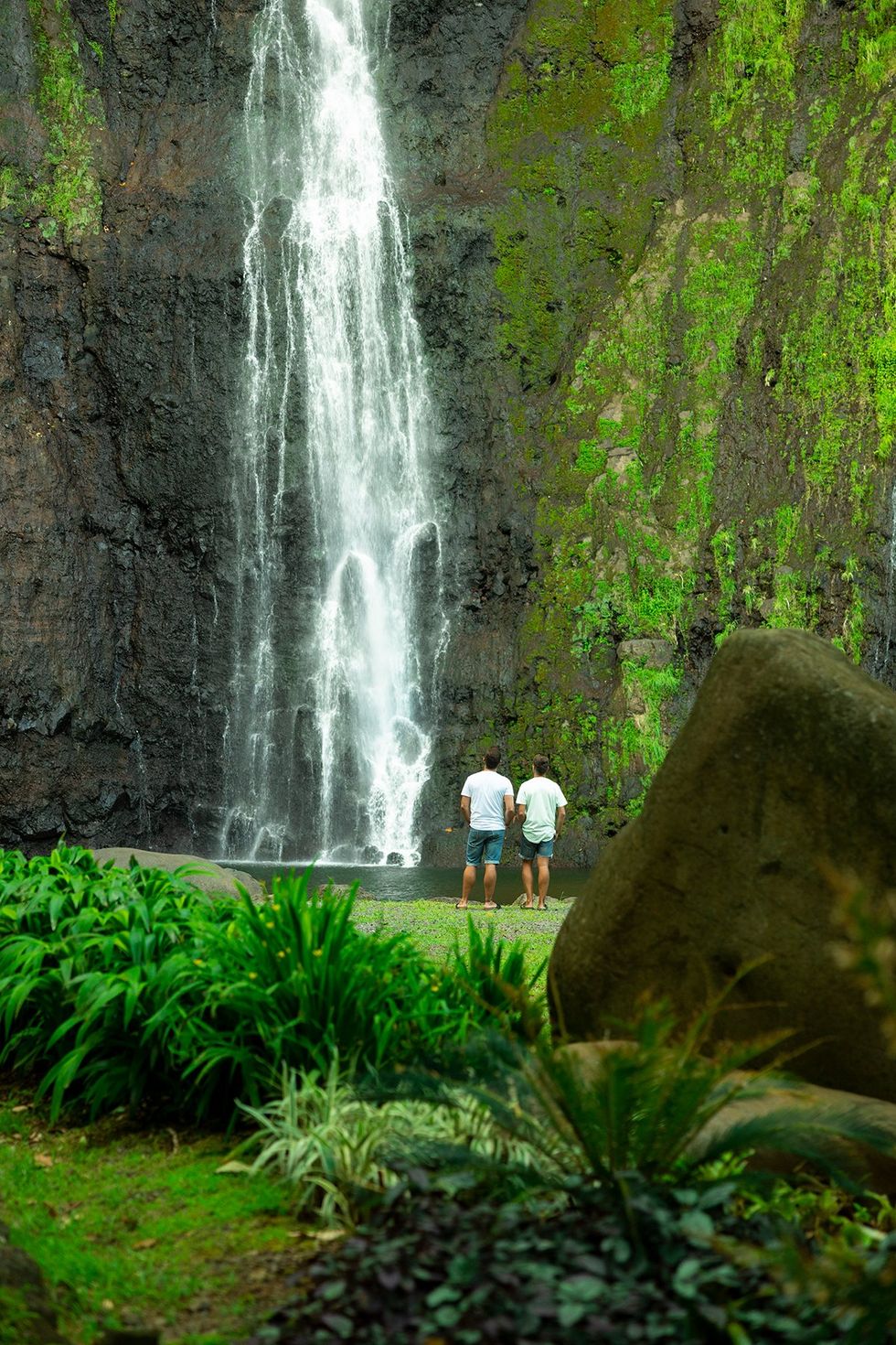 Two men admire a waterfall in French Polynesia