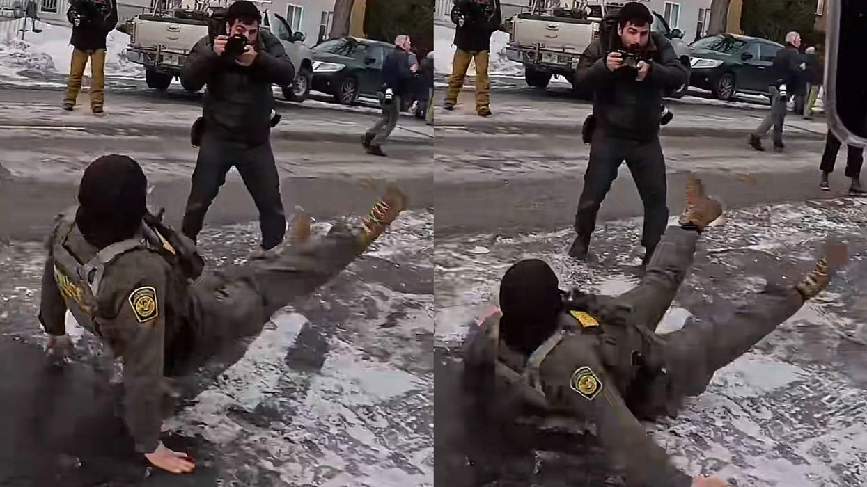Two photos of an ICE agent falling on the ground