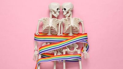 two skeletons with a rainbow flag band wrapped around them