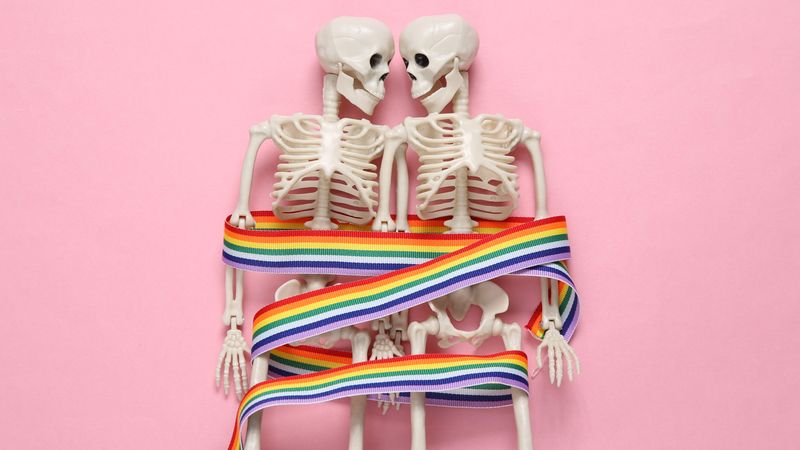 two skeletons with a rainbow flag band wrapped around them