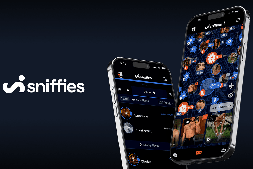 Two smartphones display the Sniffies app with a map and user profiles.