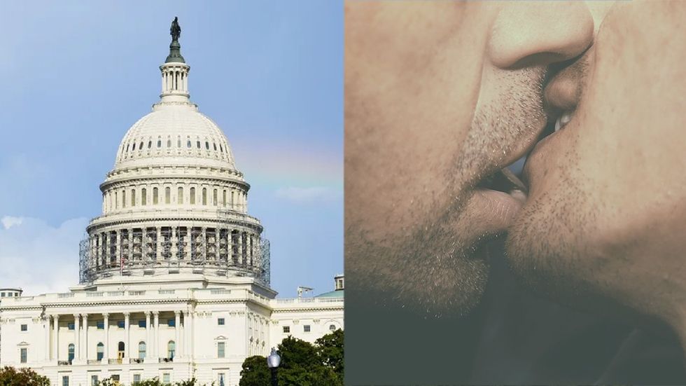 U.S. Capitol and rainbow and two men kissing in closeup