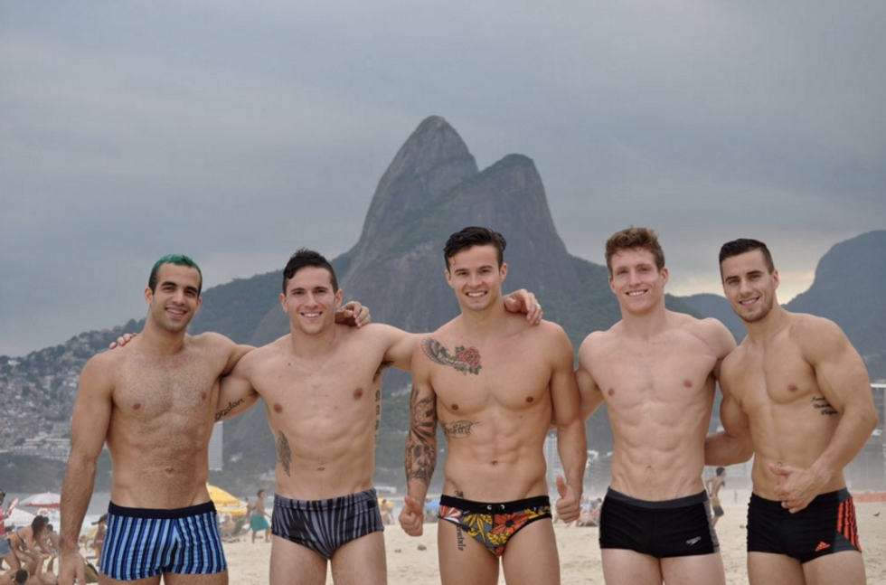 U.S. Men's Gymnastics team on a beach in Brazil