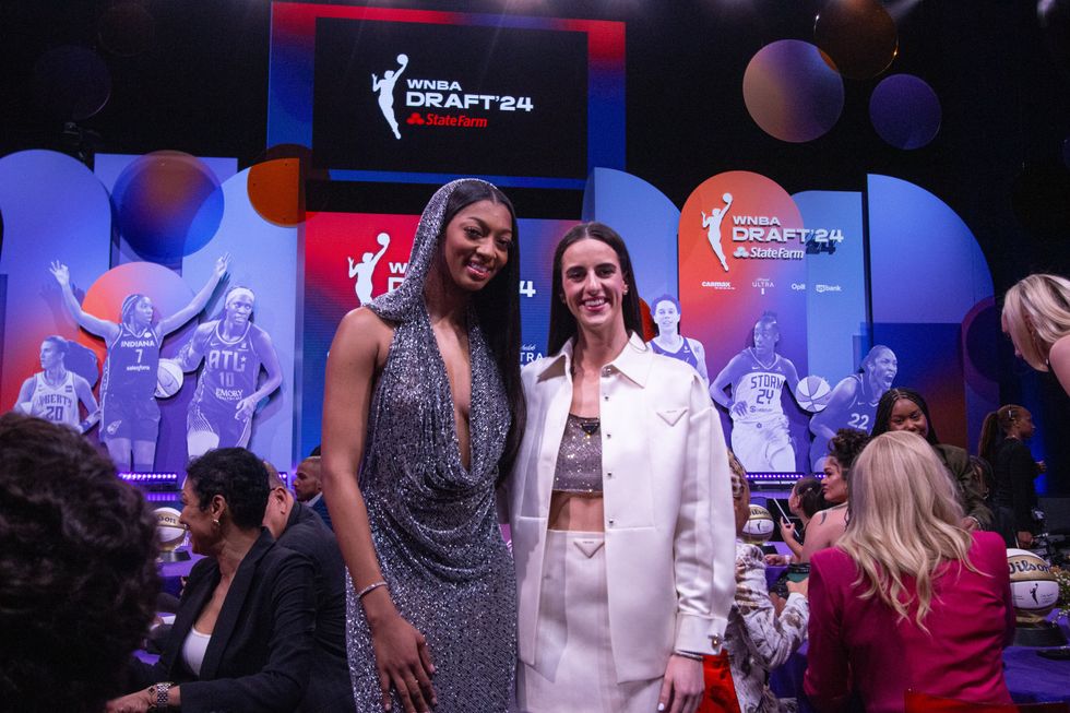 \u200b(L-R) Angel Reese and Caitlin Clark at the WNBA Draft held at the Brooklyn Academy of Music on April 15, 2024 in New York, New York. \u200bPhoto by Cora Veltman/Sportico via Getty Images