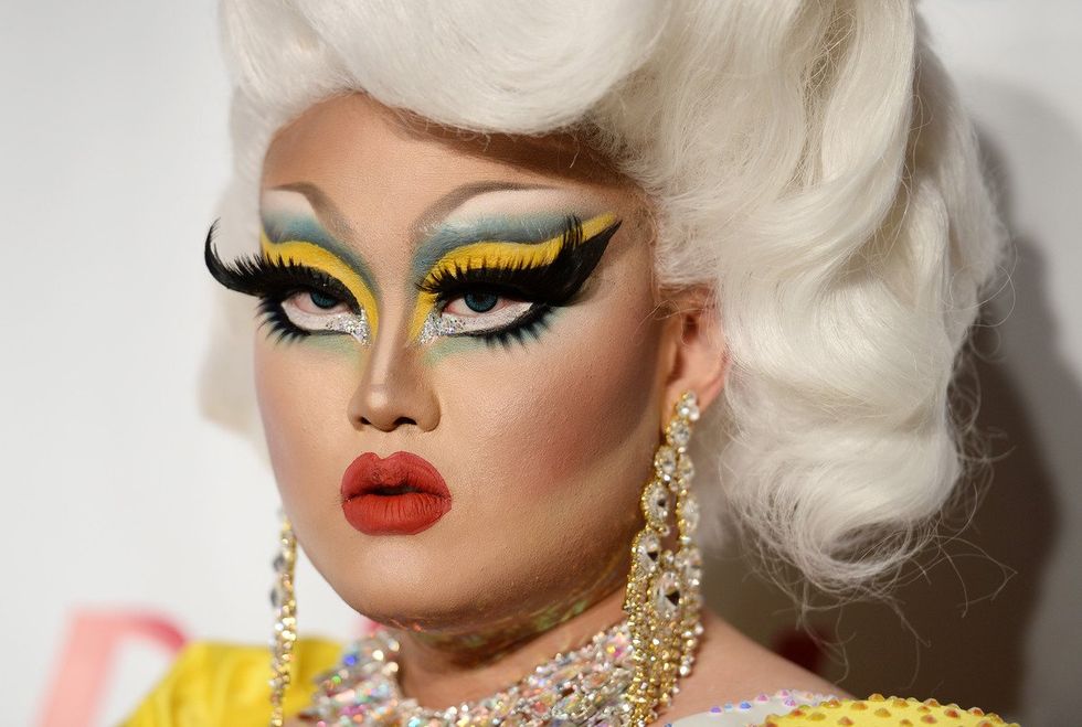 \u200bDrag queen Kim Chi arrives at the premiere of Logo's "RuPaul's Drag Race" Season 8 at The Mayan Theater on March 1, 2016 in Los Angeles, California.