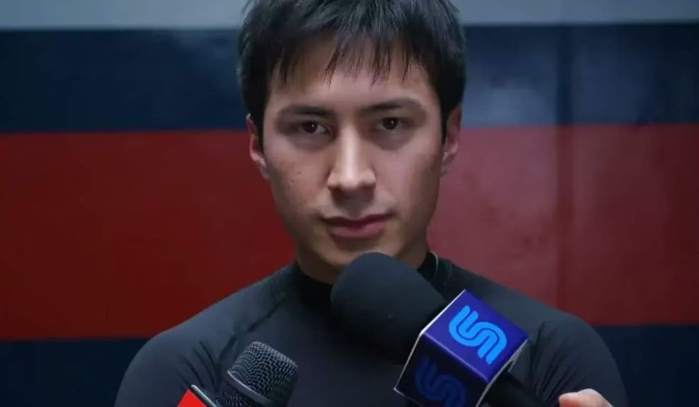 \u200bHudson Williams as Shane Hollander on Heated Rivalry season 1.