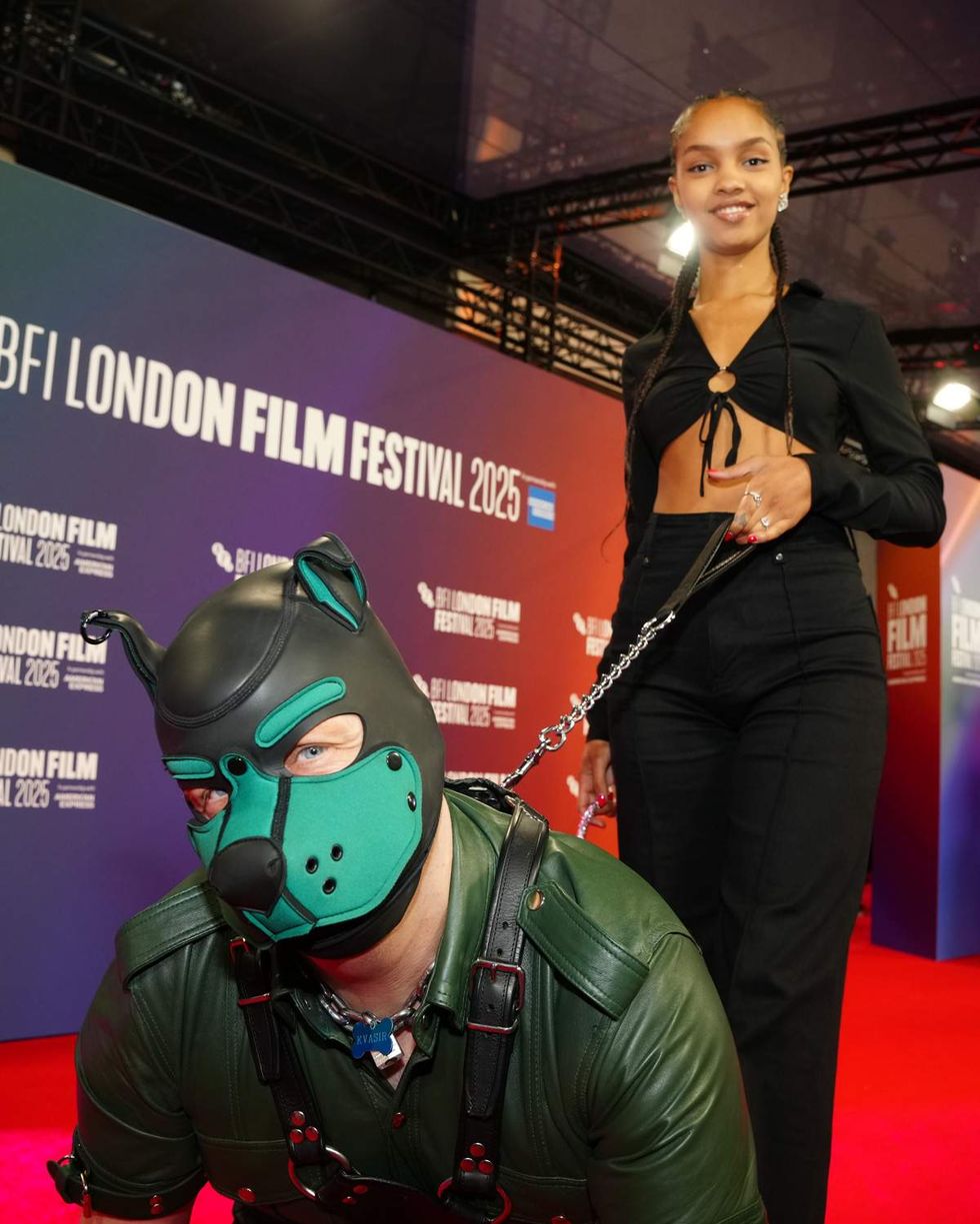 \u200bPaul Tallis in a latex puppy mask on the Pillion red carpet