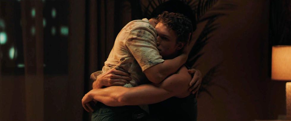 \u200bShane and Ilya hugging in 'Heated Rivalry' episode 5.