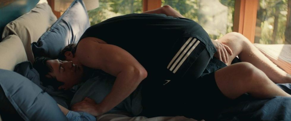 \u200bShane and Ilya in bed at the cottage in 'Heated Rivalry' episode 6.