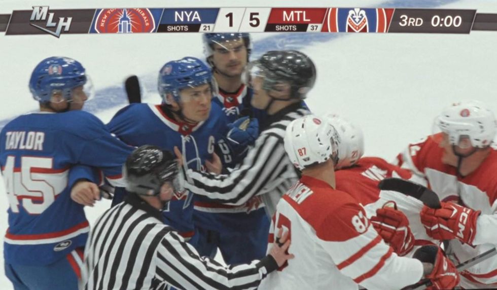 \u200bShane and Scott fighting on the ice in 'Heated Rivalry' episode 3