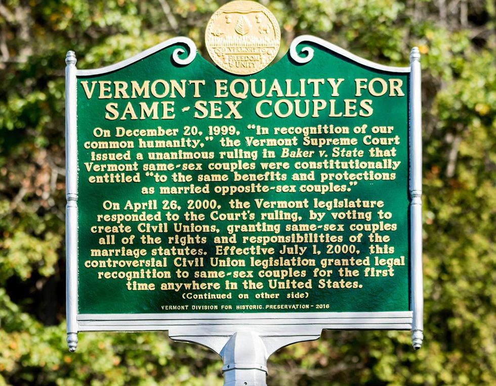 Vermont Equality for Same Sex couples historical marker on the lawn of the Vermont state house