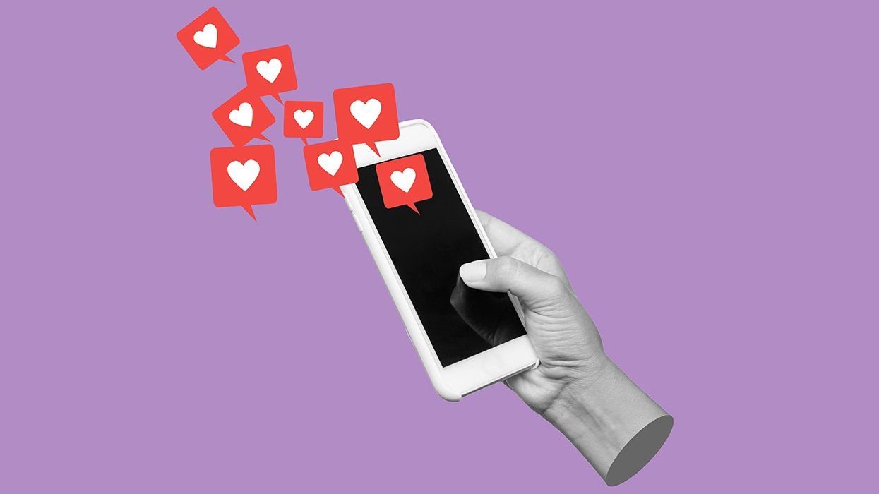 viral hearts love coming out of cellphone voicemail on purple background