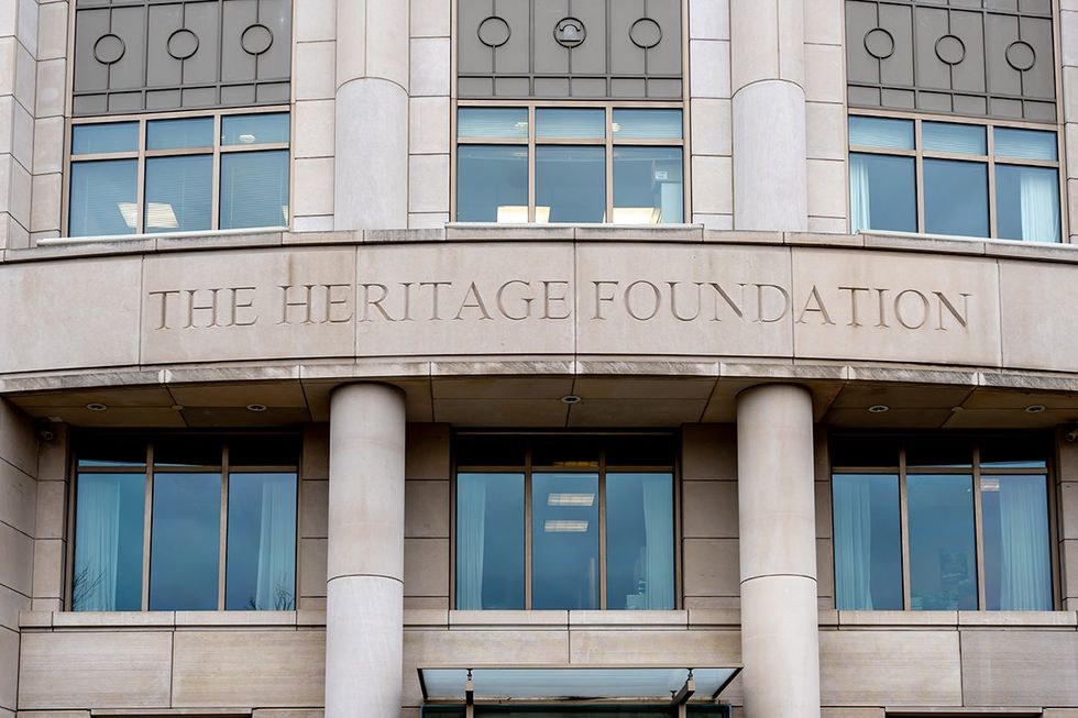 Washington, DC, USA- January 13, 2020: Heritage Foundation sign on the building in Washington, D.C. Heritage Foundation is a research and educational institution.