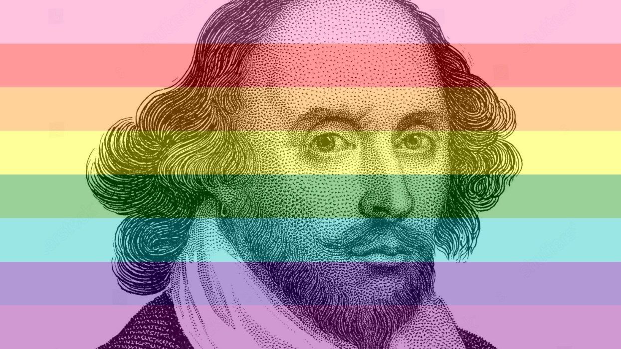 William Shakespeare overlayed with a rainbow flag