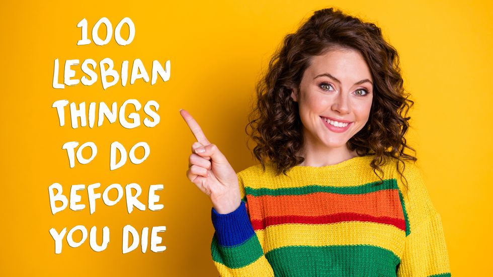 young woman pointing at "100 lesbian things to do before you die"